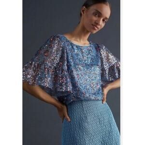 ANTHROPOLOGIE Maeve Blue‎ Purple Sequined Flowy Blouse Glam Top Medium